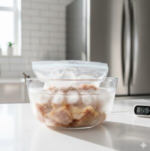 ドリップと細菌の増殖を抑える、下味冷凍食材の正しい「氷水解凍」の様子。